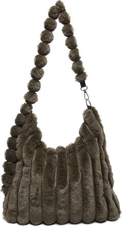 Generic Womens Plush Bags Large Capacity Plush Bag Womens Commuter Shoulder With Pendant Fluffy Tote(Coffee)