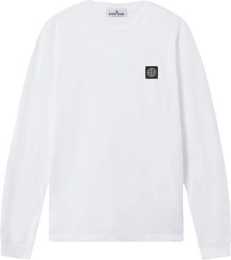 Stone Island Long Sleeve T-Shirts, male, White, XL, S0013 Patch Logo LS Tee