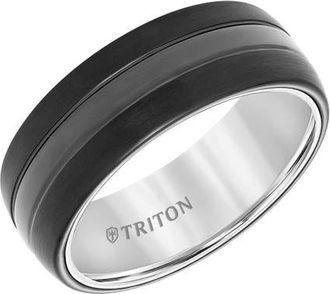Triton 8MM Tungsten Carbide Band with Satin Finish Center and Black Interior Sleeve with Domed Edge at Nordstrom, Size 12.5