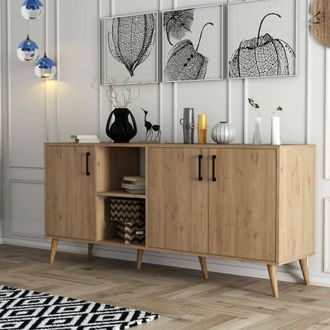 Dmora Aparador Vardah, Alacena 3 Estantes, Puertas Batientes, 3 Puertas, 180x45x80h Cm Roble Marr&oacute;n