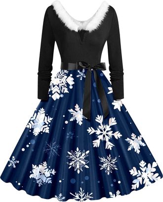 Generic Plus Size Women Christmas Faux Fur Panel Long Sleeve Dress, Ladies Christmas Dresses Long Sleeve Dresses for Women UK White Flowy Dress Vintage Ladies