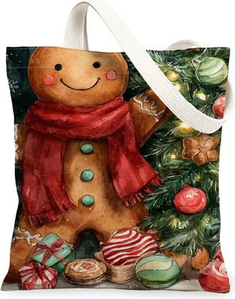 Generic Christmas Gingerbread Canvas Tote Bags, Holiday Design Reusable Grocery Bags, Lightweight Washable Shoulder Strap Canvas Fo, Brown, 13x15 Inch