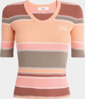 Chloé Striped Crewneck Rib Knit Cotton Top