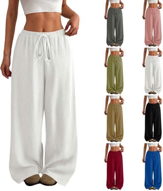 Generic Ladies Summer Trousers Elasticated Waist Palazzo Flared Long Pants Casual Drawstring High Waisted Straight Wide Leg Lounge Bottoms Loose Fit Baggy Tro