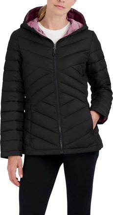 HFX Womens Short Lightweight Quilted Jacket Zipper Front Pockets Hood 25 Packable Puffer Coat, Black, L
