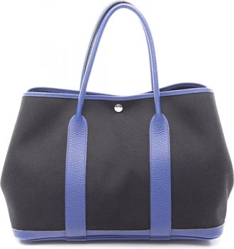 Herm&egrave;s Black Blue Blue Electric Canvas Country Leather Handbag Tote Bag (Pre-Owned)