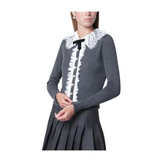 Self Portrait Truien & Vesten, Dames, Grijs, S, Wol, Gebreide Cardigan met kanten kraag