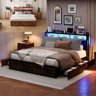 OEM Cama 140x200 Cm Negra Con Led Integrado Y 4 Cajones - Marco De Metal, Somier De Lamas (contempor&aacute;neo)