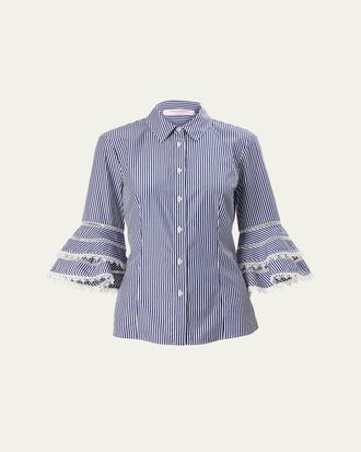 Carolina Herrera Stripe Tiered Ruffle Sleeve Button Down Top