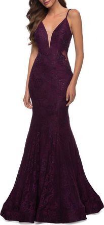 La Femme Long Mermaid Lace Dress with Back Rhinestone Detail in Dark Berry at Nordstrom, Size 10