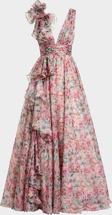 Mac Duggal Plunging Floral-Print Chiffon Ball Gown