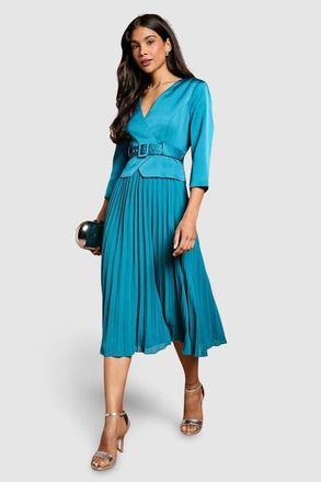 Coast Satin Bodice Pleat Skirt Midi Dress in Teal at Nordstrom, Size 6