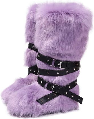 Generic Womens Winter Knee High Boots Fluffy Faux Fur Boots With Thick Fleece Lining Cozy Snow Boots Available In Plus Sizes(Purple1,6.5)