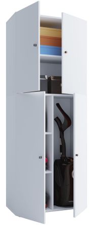 ebuy24 Vcm Gabinete De Escoba De Madera 6 Compartimentos Gabinete Para El Hogar Dimensiones: An. 70 X Al. 184 X T. 40 Cm 4 Puertas Giratorias - Lona (blanco)