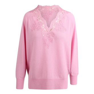 Ermanno Scervino Truien & Vesten, Dames, Roze, M, V-hals trui met kanten borduursel