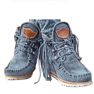 Generic Boots For Women uk Fringe Women Vintage Platform Cowboy Short Tassel Lace Up Wide Round Toe Chunky Ladies Ankle Boots Slip On Dress Walking Shoes With