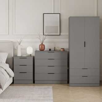 Home Discount Trega 3pc Bedroom Furniture Set - 3 Drawer Bedside, 4 Drawer Chest & 2 Door Wardrobe, Grey