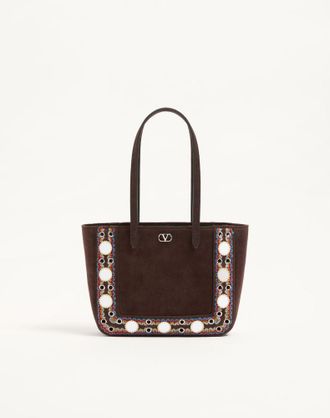 Valentino Garavani Borsa Shopping Mini Valentino Garavani Nellc&ocirc;te In Suede Con Profilo Ricamato Donna EBANO/MULTICOLOR UNI