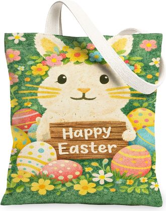 Generic Easter Bunny Canvas Tote Bags, Floral Pattern Reusable Grocery Bags, Spring Lightweight Washable Shoulder Strap Canvas for, Green, 13x15 Inch