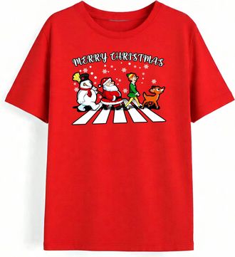 Generic Funny Merry Christmas Abbey Road T-Shirt | Santa Snowman Santa Helper Reindeer Xmas Tee | Festive Top for Men & Women (Red, 3XL)