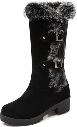 Generic Womens Faux Suede Winter Boots with Buckle Block Heel Platform Long Boots Round Toe Mid-Calf Boot,Black,2.5 UK