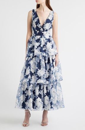 Lulus Vallia Floral Tiered Gown in Navy Floral at Nordstrom, Size X-Large