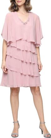 S.L. Fashions Tiered Ruffle Chiffon Dress with Jacket in Faded Rose at Nordstrom, Size 16