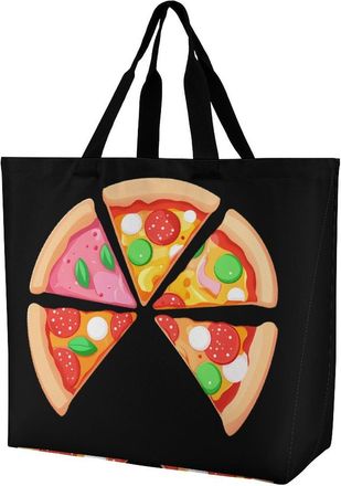 Generic Pizza Large Reusable Shopping Bag Lightweight Foldable Tote Bags Washable Shoulder Handbag