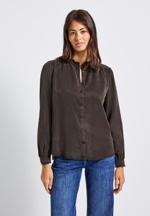 Street One Langarmbluse STREET ONE, Damen, Gr. 44, braun (deep roast braun), Web, Obermaterial: 100% Lyocell, unifarben, Rundhals, mit Knopf R&uuml;schen, Blusen Lang