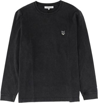 Maison Kitsun&eacute; Long-Sleeve Embroidered Black Cotton T-Shirt