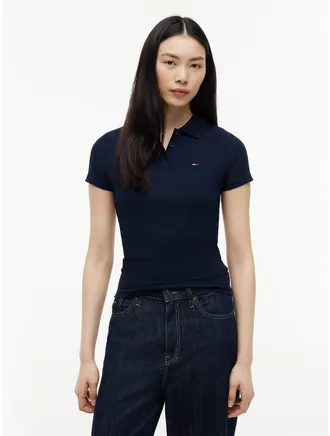 Tommy Hilfiger Womens Tommy Jeans Slim Fit Rib-Knit Polo - Navy - XL