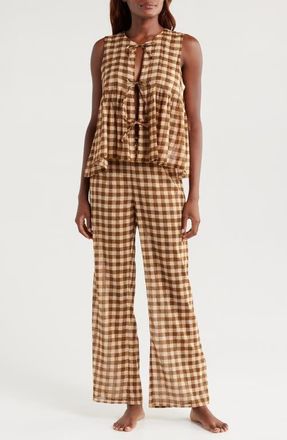 Desmond & Dempsey Pleat Cotton Sleeveless Pajamas in Gingham 50s Voile Brown/cream at Nordstrom, Size Medium