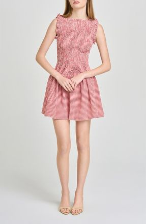 Wayf Esme Gingham Smocked Bodice Drop Waist Minidress in Red at Nordstrom, Size X-Large
