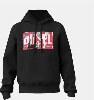 Diesel Mens Hooded Neck Long Sleeve Box Print Sweatshirt - Black - Size: 44