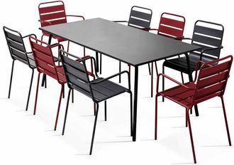 Oviala Mesa de jard&iacute;n y 8 sillas de metal p&uacute;rpura