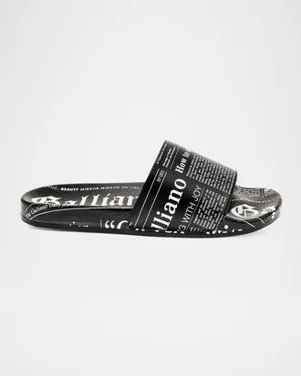 John Galliano Men & apos;s Gazette-Print Leather Pool Slides