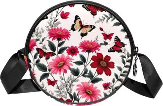 Generic Circle Crossbody Bag for Women, Florals Butterflies Small Sling Bag Daypack with Zipper Adjustable Shoulder Straps Casual Ladies Girls Round Purse