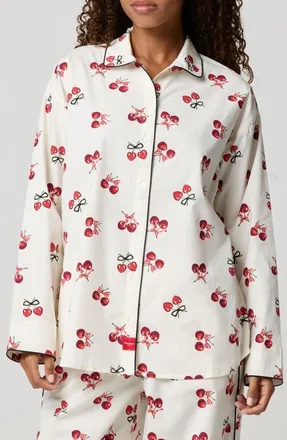 Florence By Mills Oversize Stretch Cotton Button-Up Pajama Shirt in White Cherry at Nordstrom, Size Xx-Small
