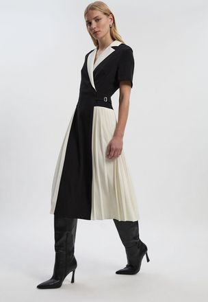 Karen Millen Womens Tailored Crepe Pleated Midi Shirt Dress - Monochrome Multi - Size 12 UK