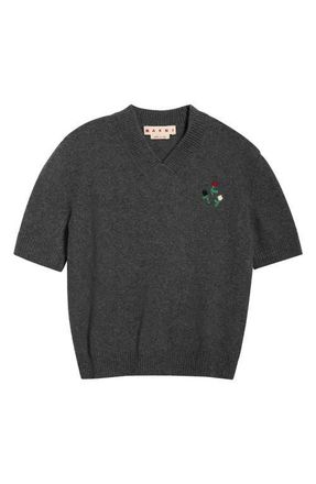 Marni Embroidered Flowers Short Sleeve Wool & Cashmere V-Neck Sweater in Fln60 Graphite at Nordstrom, Size 36