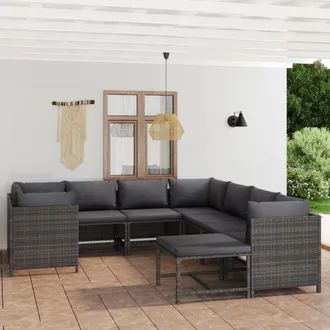 vidaXL Set De Muebles De Jard&iacute;n 9 Pzas Y Cojines Rat&aacute;n Sint&eacute;tico Gris Vidaxl
