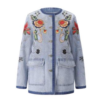 Valentino Denim Jackets, female, Blue, Size: M Floral Embroidered Denim Jacket