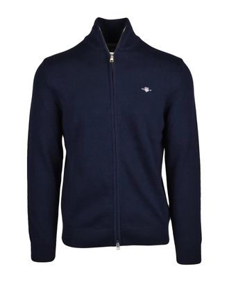 GANT Dark Blue High Collar Zip Cotton Cardigan