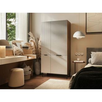 Dmora Armario Intelvi De 2 Puertas, Mueble Multifunci&oacute;n Con Seis Estantes Interiores Y Barra Para Colgar, Acabado Acanalado, 90x52 H185 Cm, Color Beige