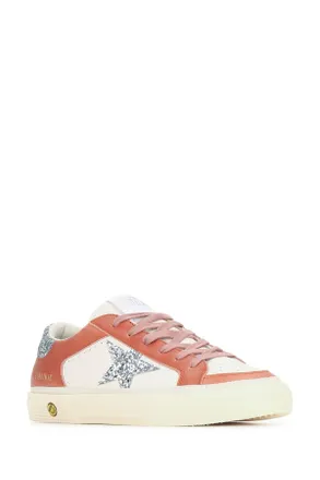 Golden Goose Womens May Leather Upper And Toe Glitter Star Heel Whitebordeauxsilver Sneaker