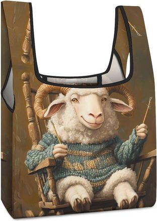 Generic Sheep Knitting Print Shopping Bag Reusable Grocery Tote Bag Foldable Handbag for Travel Picnic