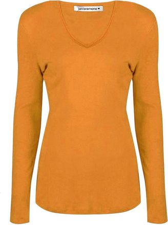 Janisramone Womens Ladies V Neck Long Sleeve T-Shirt Stretchy Plain Jersey Slim Fit Casual Basic Tee Tops Mustard