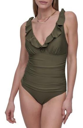 DKNY Ruffle V-Neck One-Piece Swimsuit in Moss at Nordstrom Rack, Size Xx-Large