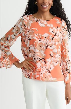 Kasper Print Ruffle Sleeve Top in Mandarin Multi at Nordstrom, Size X-Small