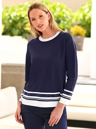 Heine Rundhalspullover HEINE Pullover, Damen, Gr. 36, bunt (marine, ecru, gemustert), 50% Viskose, 28% Polyester, 22% Polyamid, gemustert, gestreift, unifar